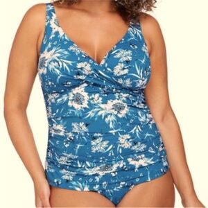 Artesands teal floral ruched One Piece swimsuit w/ soft cup bra plus size 20 EUC